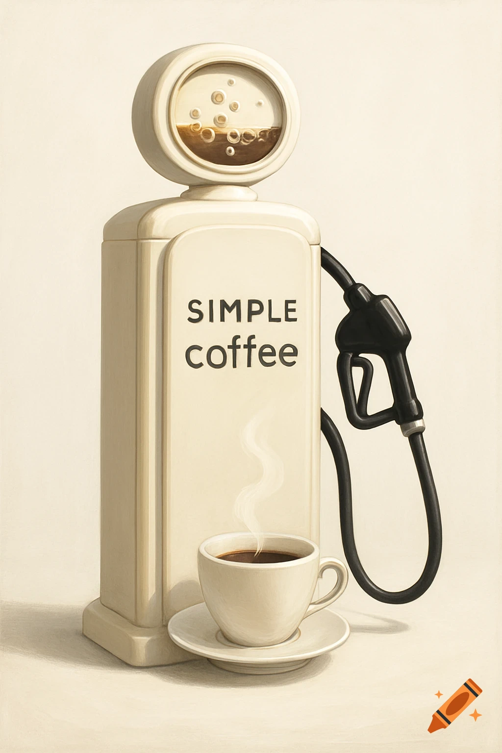 A stylized white and beige vintage gas pump dispenses coffee into a white cup, with "SIMPLE coffee" on its front and coffee bubbles in the display.