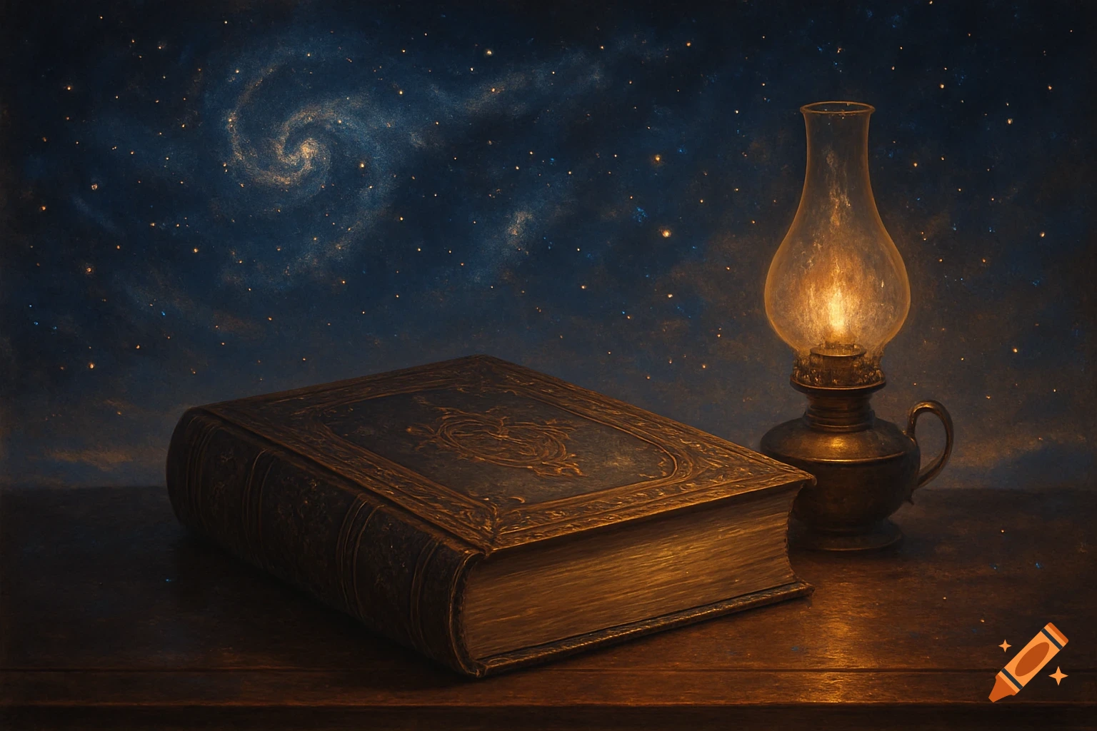 An ornate old book and a lit oil lamp on a wooden table against a dark, starry night sky with a spiral galaxy.