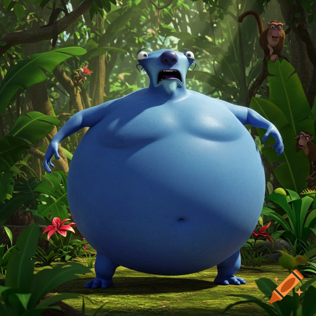 Sid from Ice Age, with blue skin and inflated like a giant blueberry, stands in a jungle with a surprised and nervous expression.