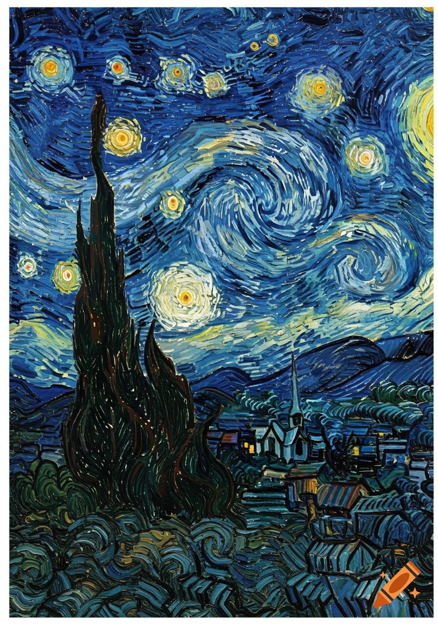 Van Gogh's 'The Starry Night' style painting with a dark cypress, swirling blue sky, bright stars, and a village.