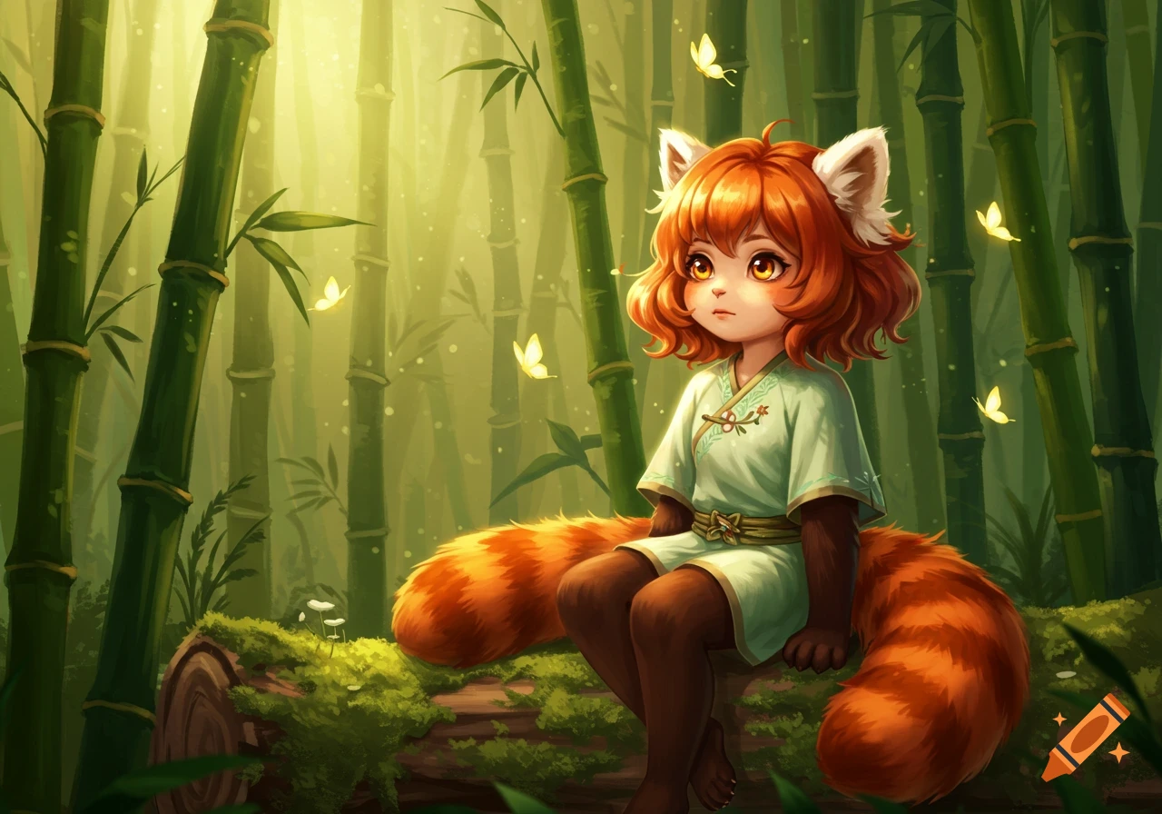 Anime red panda girl in a green tunic sits on a mossy log in a lush bamboo forest with glowing butterflies.