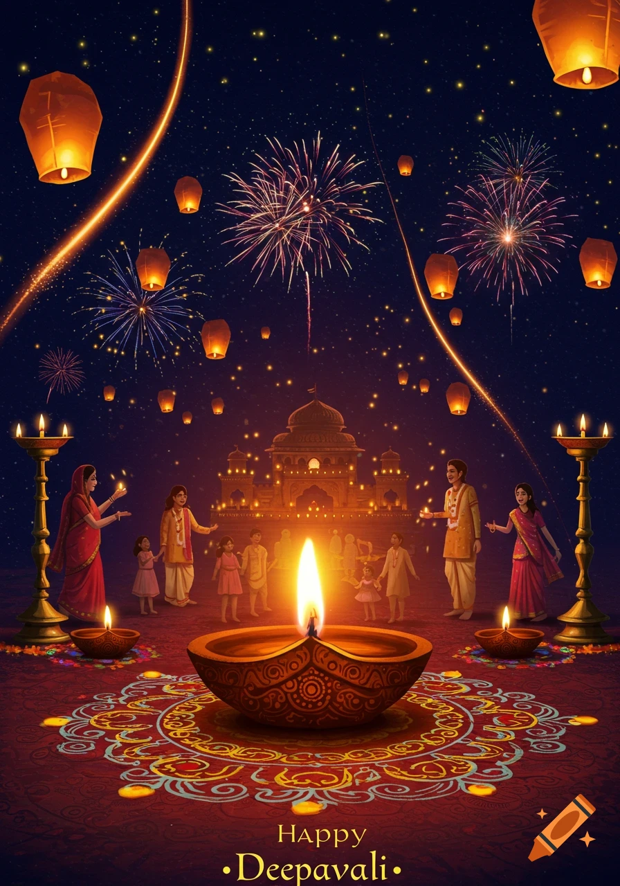 A vibrant illustration of Deepavali night with fireworks, sky lanterns, people celebrating around glowing diyas and a lit temple.