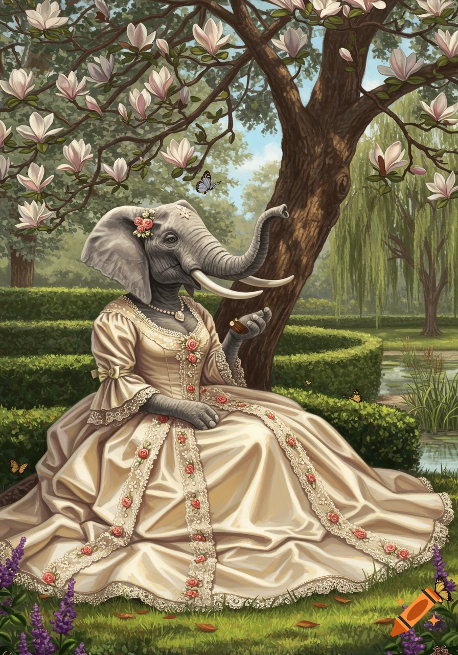 An elephant-headed woman in an ornate cream gown sits under a magnolia tree in a lush garden, holding a small object.