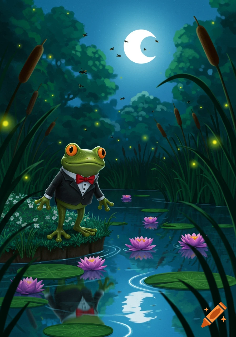 A whimsical illustration of a green frog in a black tuxedo and red bow tie standing by a moonlit pond with pink water lilies and fireflies.