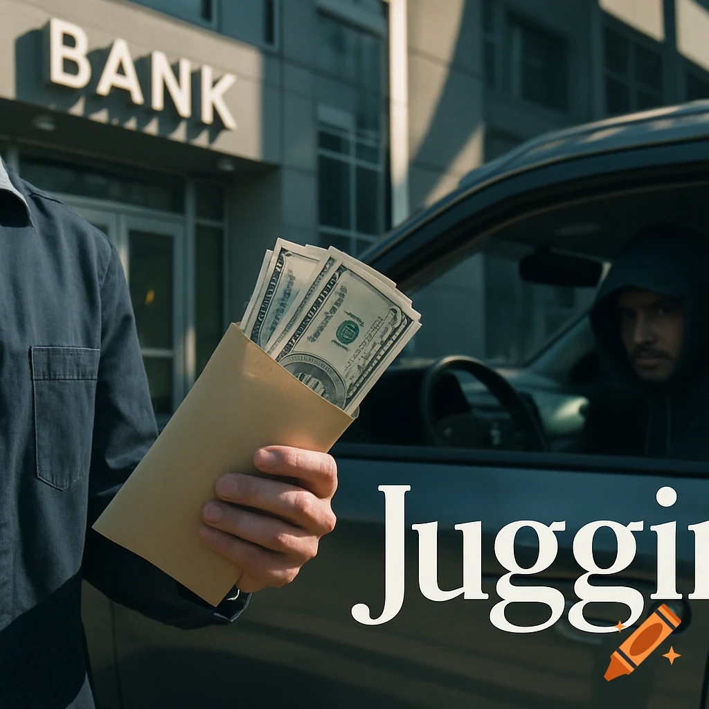 A person holds an envelope full of cash outside a bank, while a suspicious man in a hoodie watches from a parked car. The word "Jugging" is superimposed.