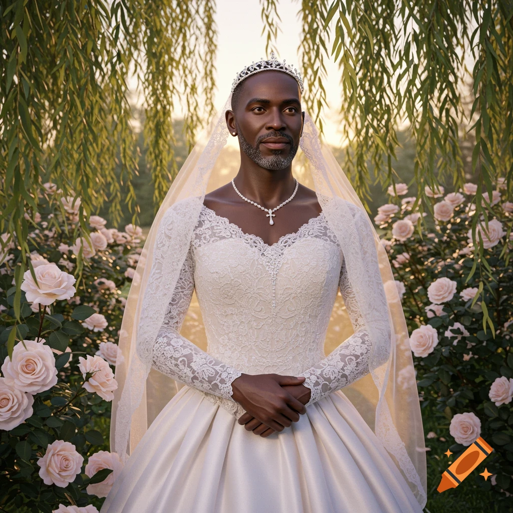 A dark-skinned man with a beard wearing a white lace wedding dress, veil, tiara, and pearl necklace, standing in a rose garden at sunset.