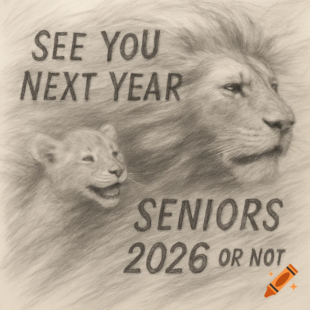 A pencil sketch of a lion and a cub with "SEE YOU NEXT YEAR SENIORS 2026 OR NOT" text.