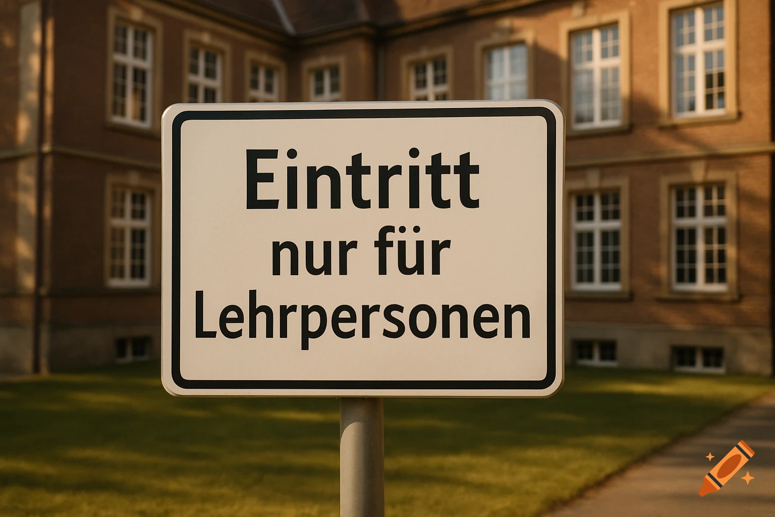 A white sign with black German text 'Eintritt nur für Lehrpersonen' (Entry for teaching staff only) stands on a pole in front of a brick building on a sunny day.