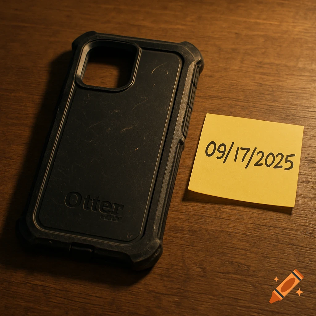 A black Otterbox phone case next to a yellow sticky note with the date 09/17/2025 on a wooden surface.