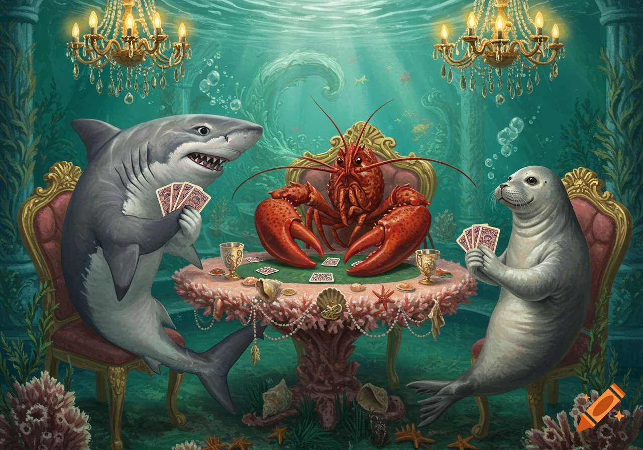 A shark, a lobster, and a seal play poker at an ornate rococo table underwater, with chandeliers above.