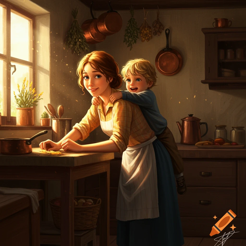 A mother making pasta in a sunlit rustic kitchen while her son hugs her from behind, in a warm, illustrative style.