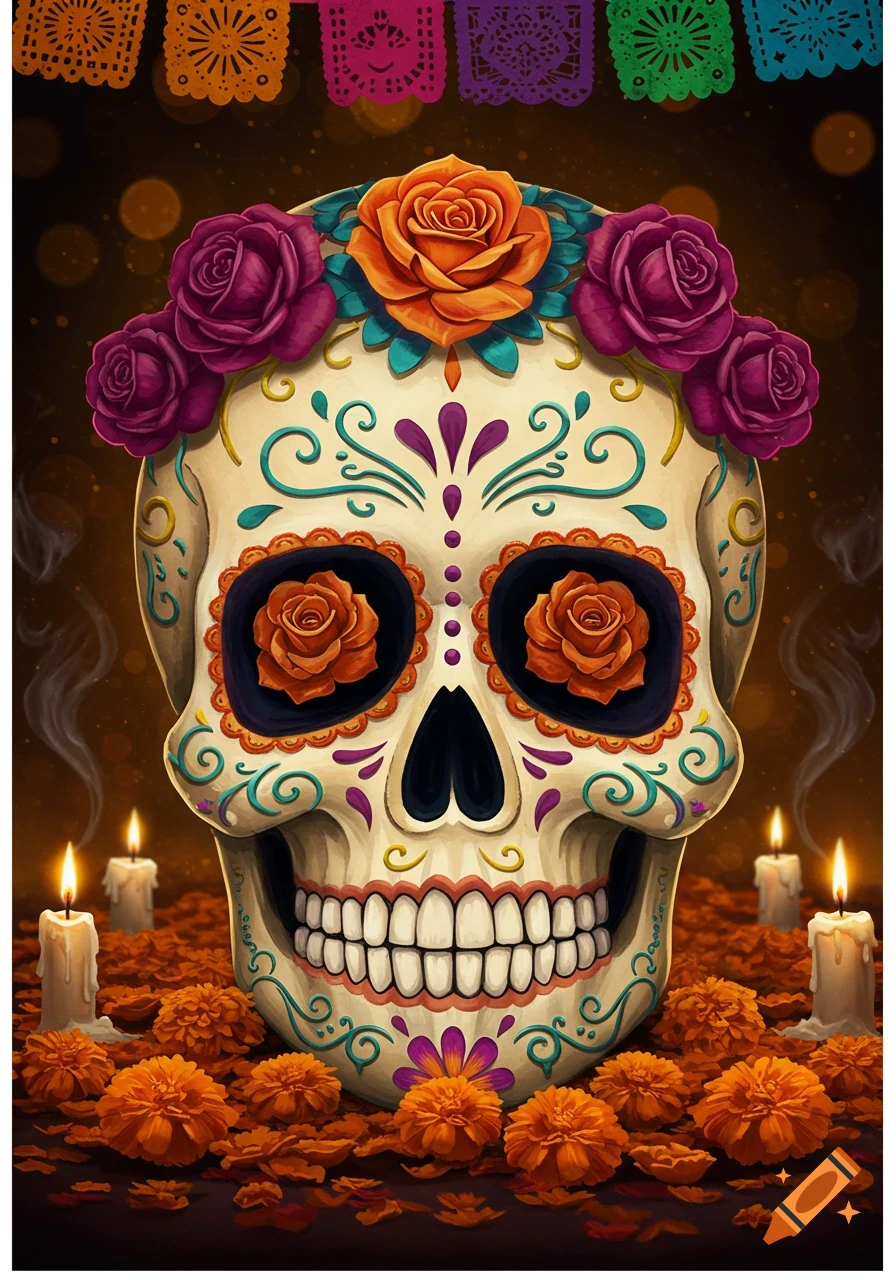 A colorful sugar skull decorated with roses, marigolds, and candles, set against a dark background with traditional papel picado banners.