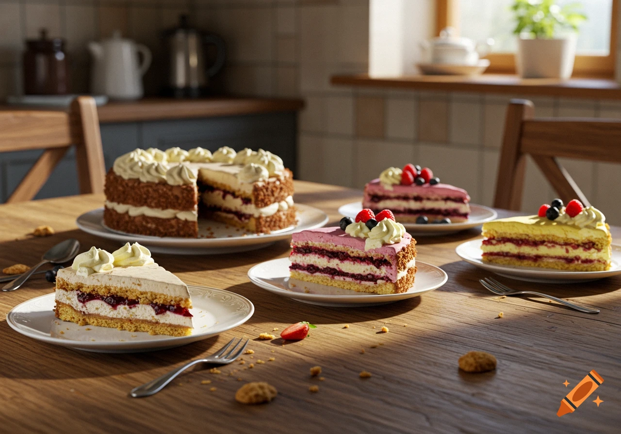 A table set with a whole cake, multiple slices of different layered cakes topped with cream and berries, and scattered crumbs, against a blurred kitchen background.