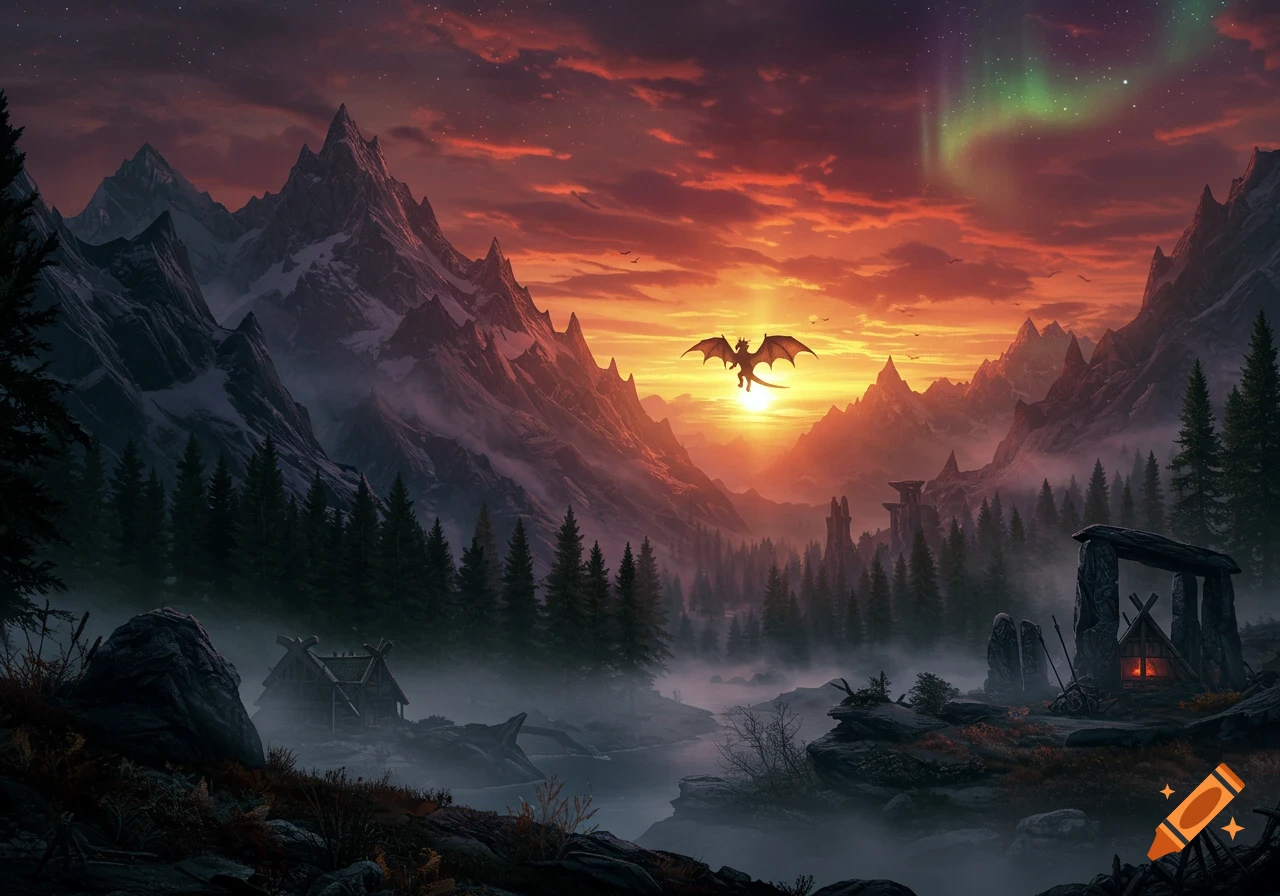A majestic fantasy landscape at sunset with a dragon flying over towering mountains and a green aurora in the sky.