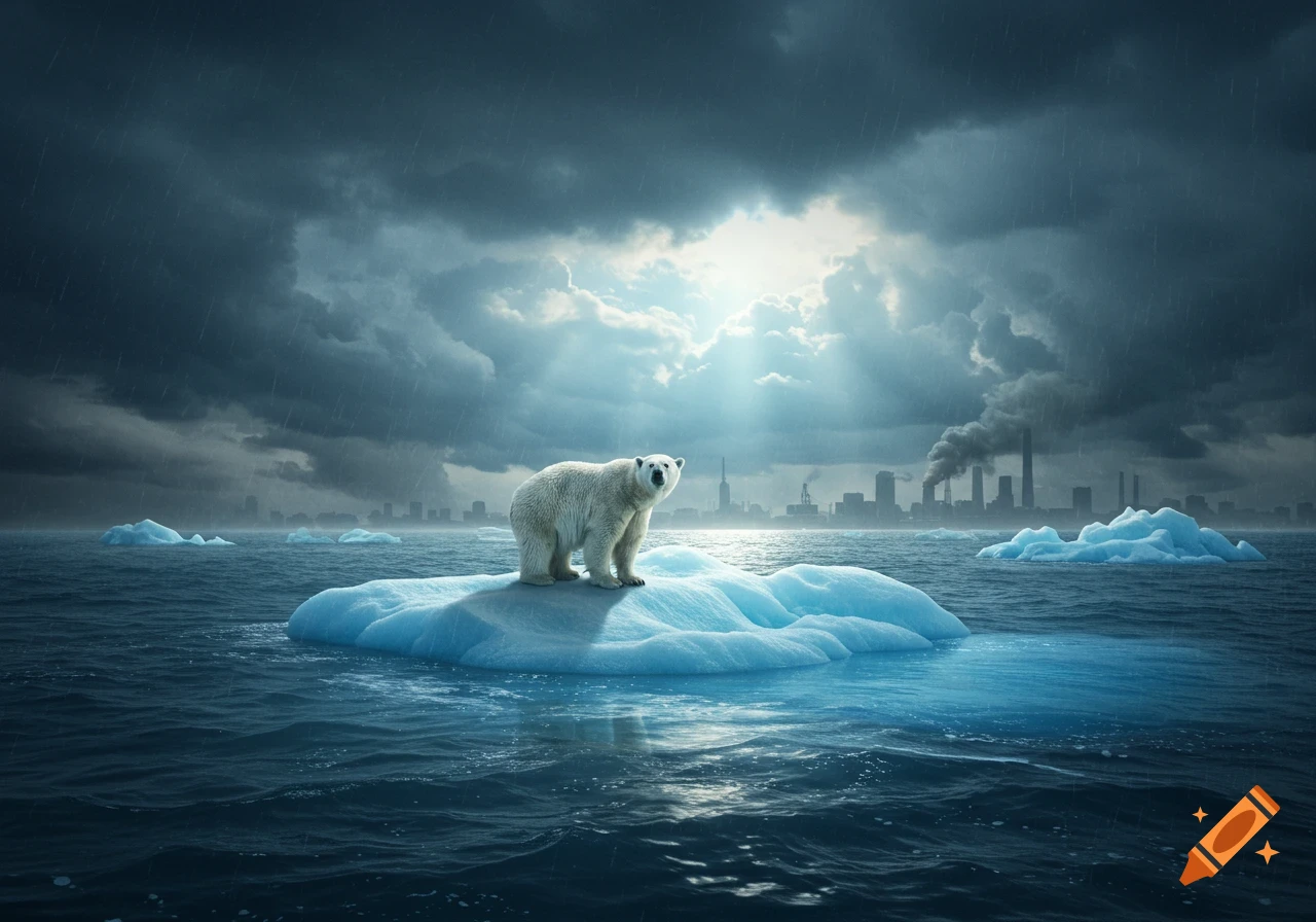 A polar bear stands on a small iceberg in a dark, stormy ocean, with a distant industrial city under polluted skies.
