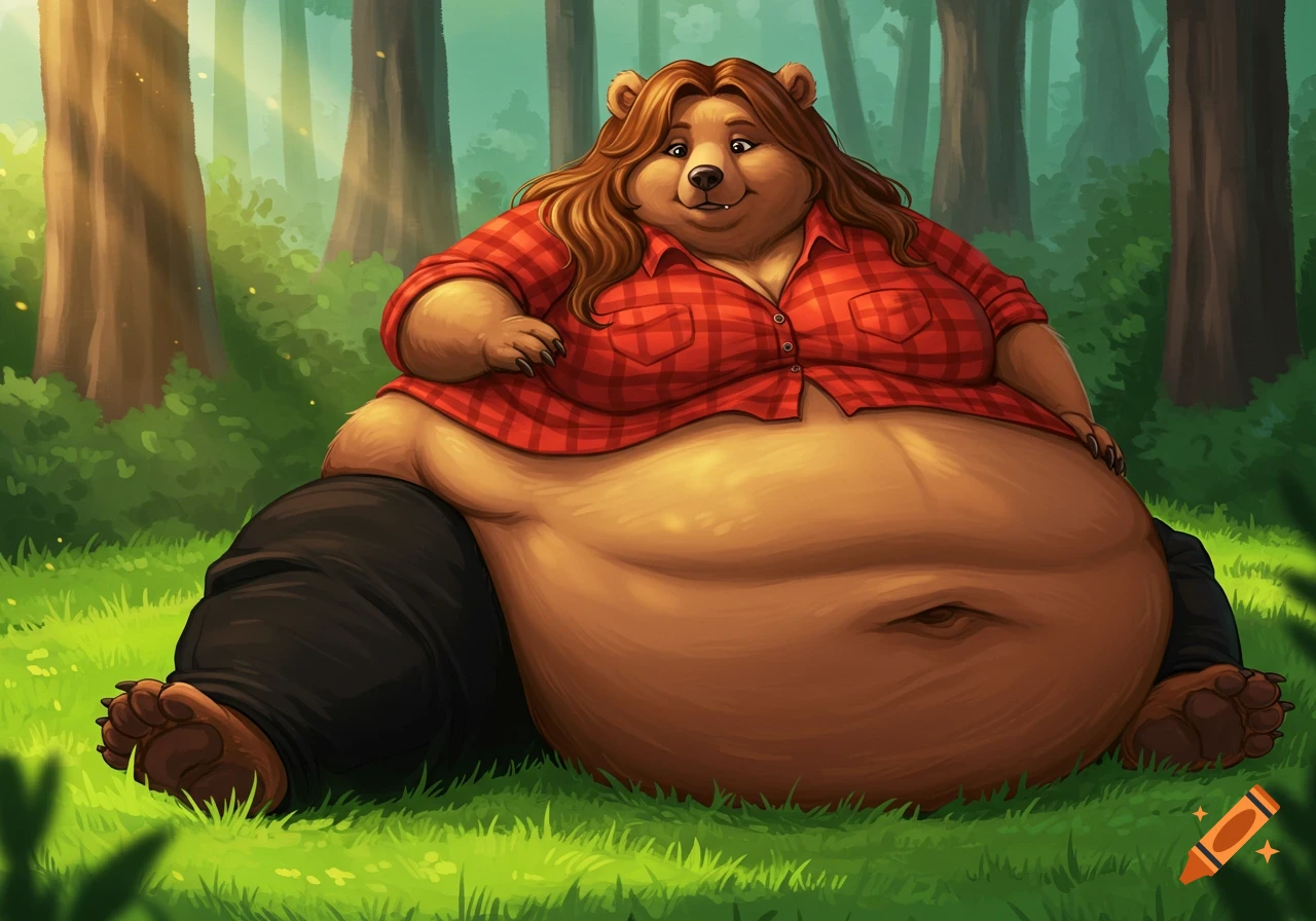 An extremely obese female bear with long brown hair, wearing a red plaid lumberjack shirt and black pants, sits on green grass in a forest.
