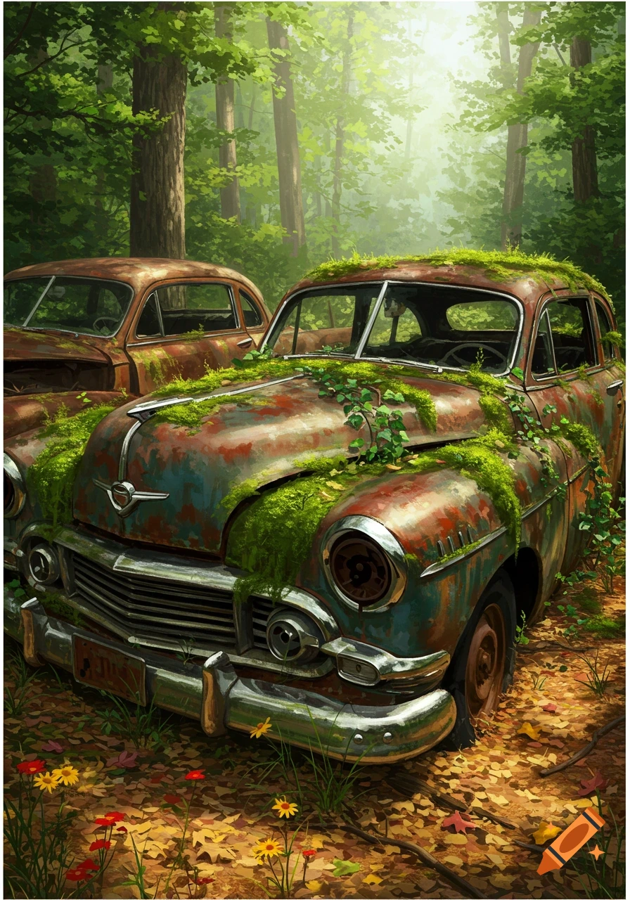 Two rusted, moss-covered classic cars sit abandoned in a vibrant, sun-dappled forest, rendered in a digital painting style.