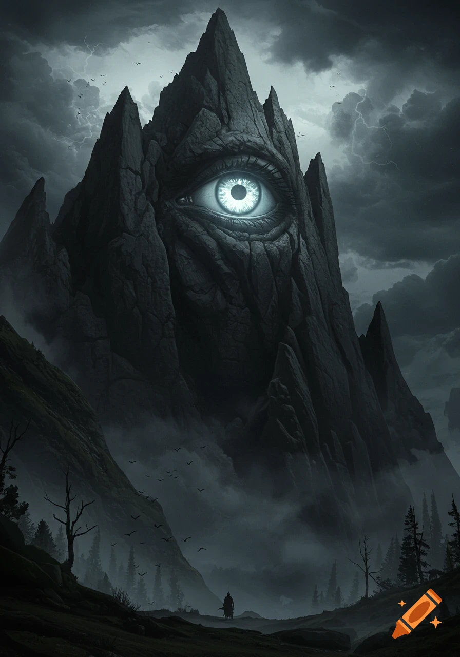 A dark, jagged mountain with a large, glowing blue-white eye embedded in its peak. A stormy sky with lightning looms above, while a lone figure walks in a foggy valley below, in a gritty fantasy style.