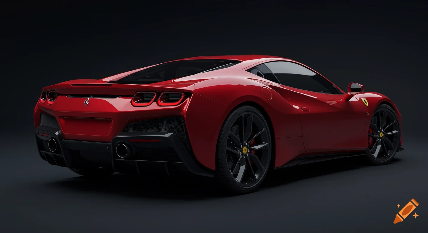 Photorealistic rendering of a red Ferrari F8 Non Plus Ultra hypercar from a rear three-quarter perspective in a dark studio.