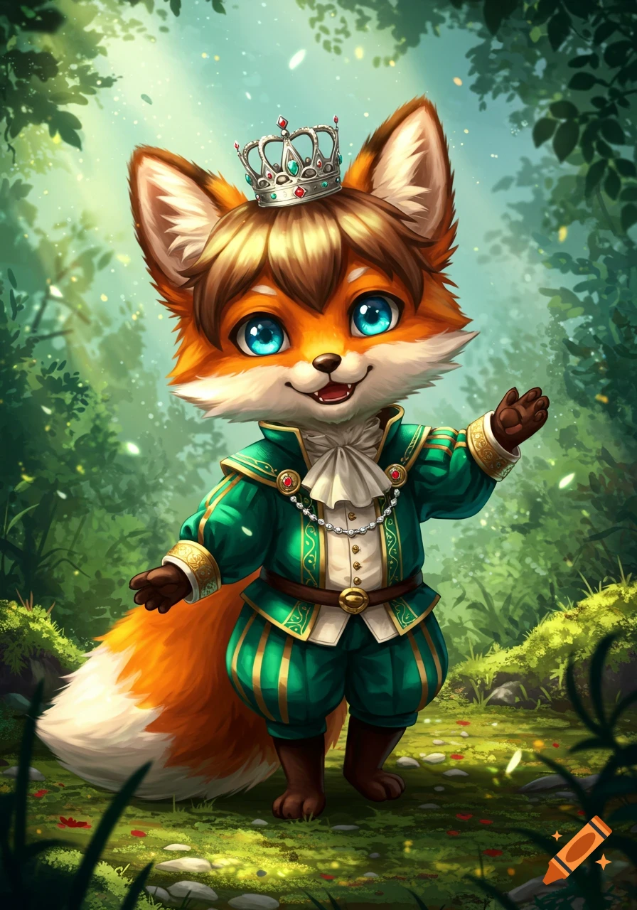 A cute anime style fox prince with blue eyes and a crown, wearing an ornate green and gold suit, stands in a lush forest.
