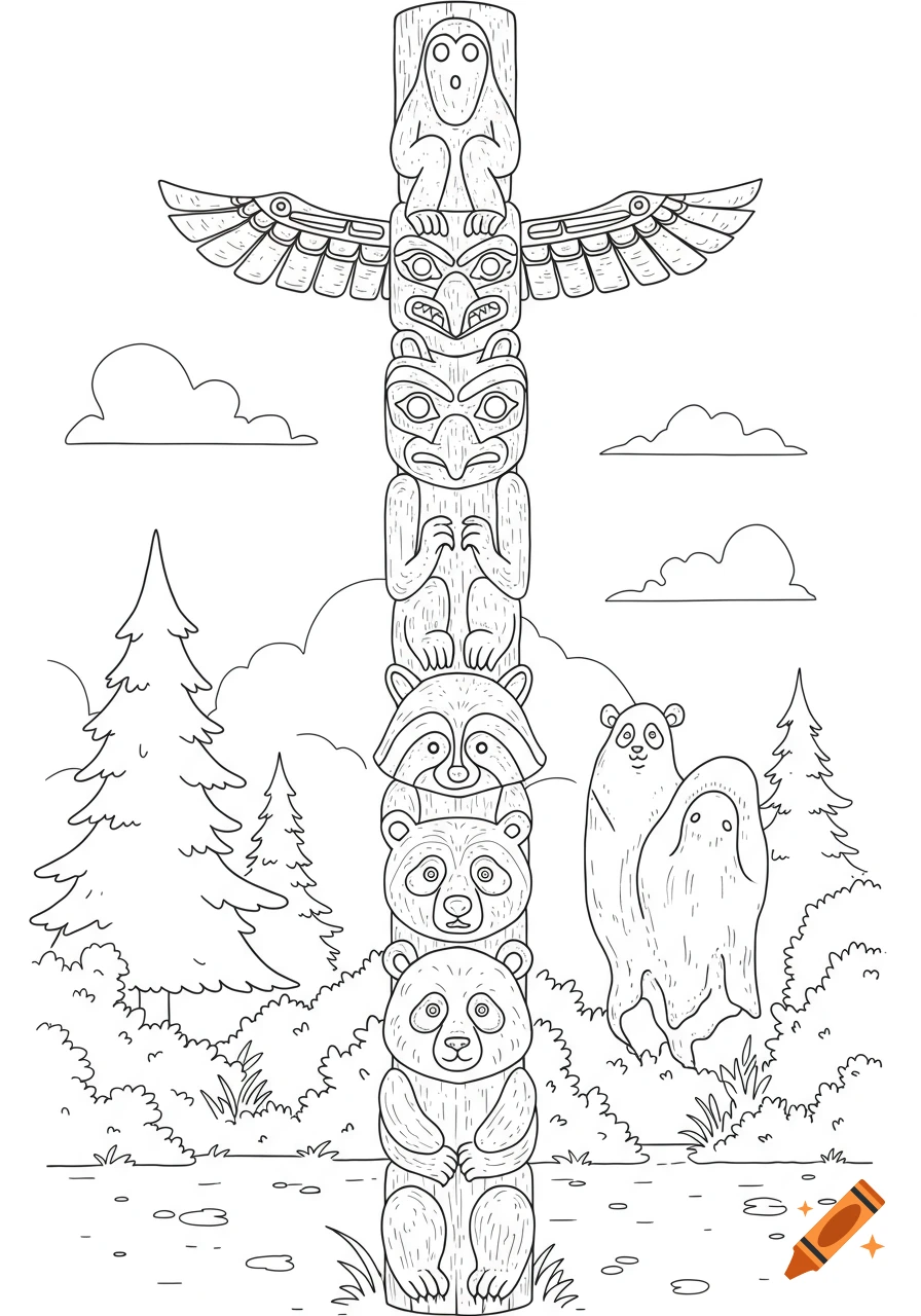 Black and white coloring page of a totem pole with carvings of various animals, a bear, and a ghost in a forest.