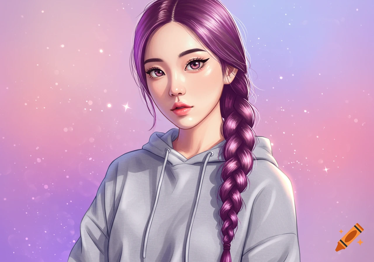 Anime style portrait of a young Korean woman with purple braided hair, cat eyeliner, and a grey hoodie, against a starry pink and purple background.