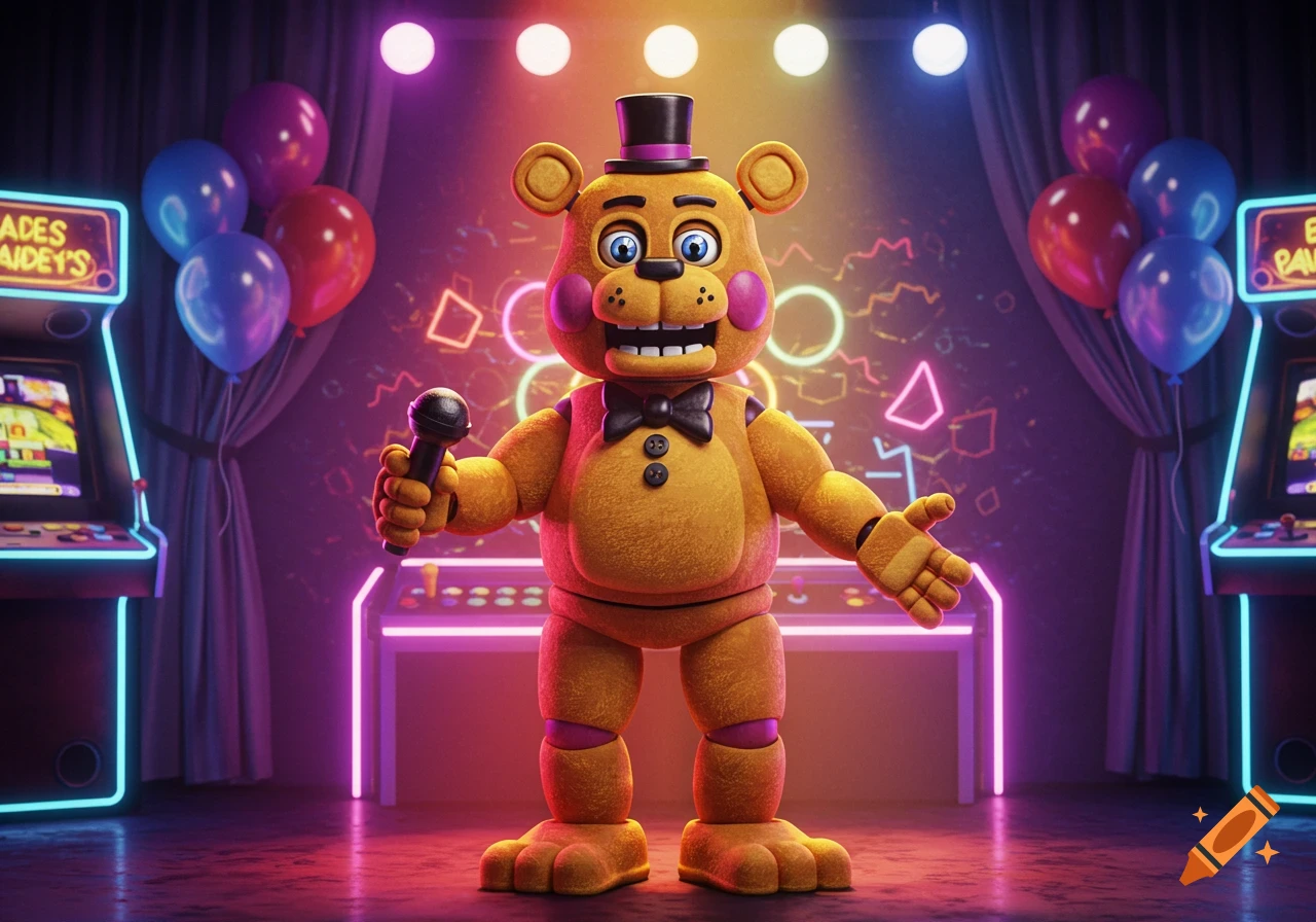 A Toy Fredbear animatronic on a stage with neon lights, arcade machines, and balloons, holding a microphone.
