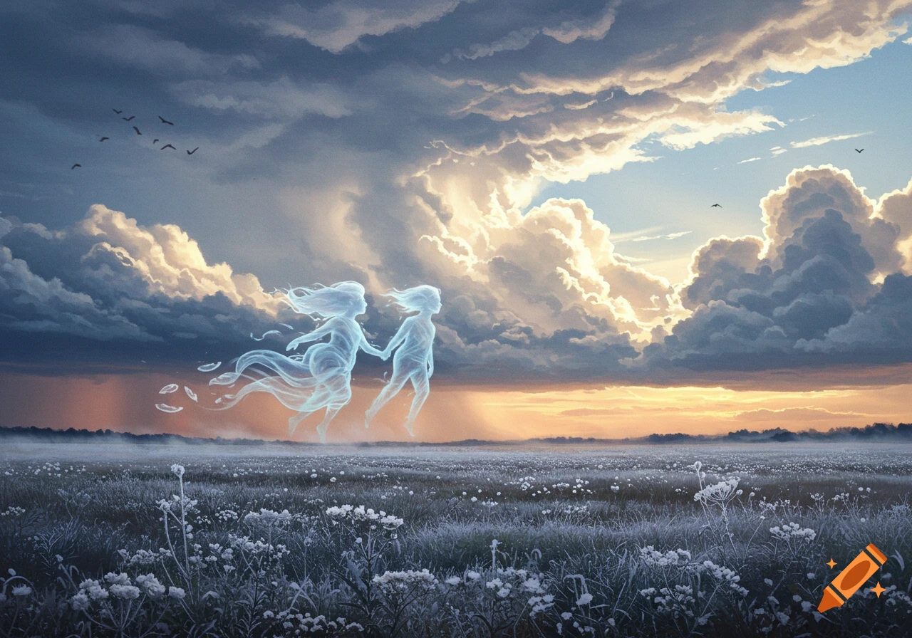Two ethereal, glowing figures float hand-in-hand over a field of white flowers beneath a dramatic, cloud-filled sky at sunset.