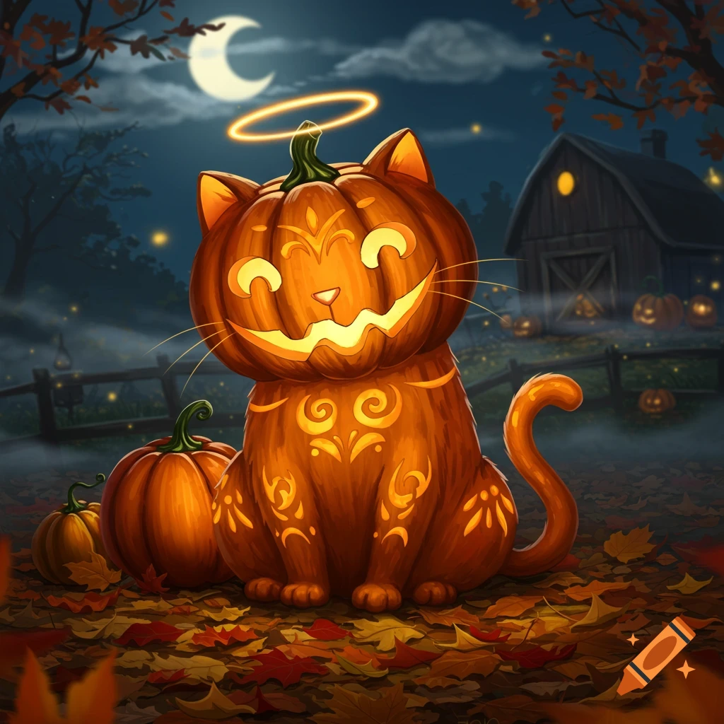 A cute pumpkin cat with glowing carved face and halo sits on autumn leaves at night, with a barn and crescent moon in the background.