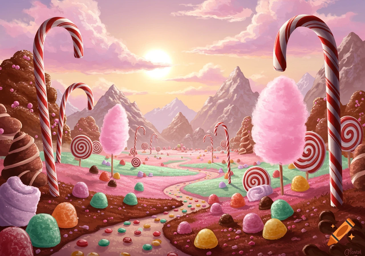 A vibrant fantasy landscape filled with candy canes, cotton candy trees, lollipops, and gumdrops under a sunset sky.