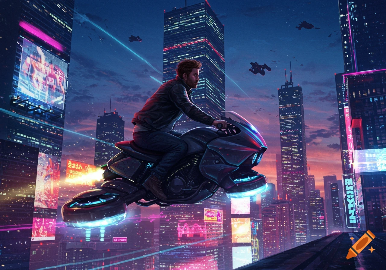 A man on a futuristic flying motorcycle speeds through a neon-lit cyberpunk city at dusk, with glowing skyscrapers and flying vehicles.