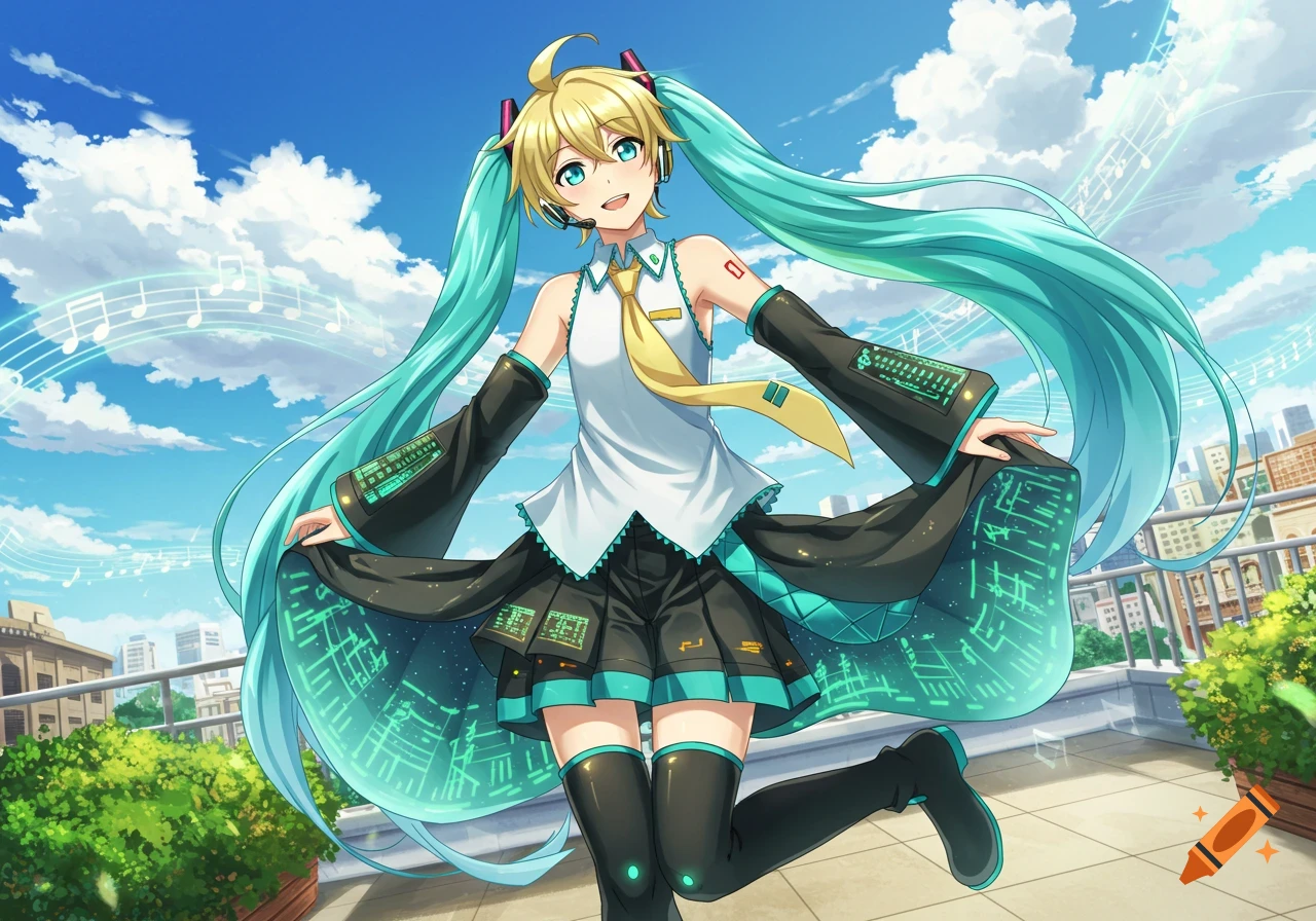 An anime character, appearing as Kagamine Len in a Hatsune Miku-inspired costume, smiles with blonde pigtails and teal extensions, glowing circuit patterns on the outfit, against a bright blue sky with musical notes and city background.