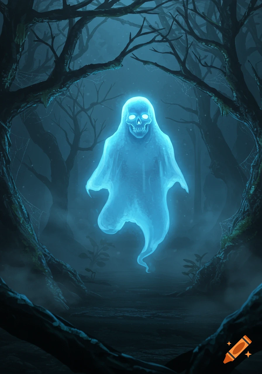 A glowing blue ghost with a skull face floats amidst dark, gnarled trees in a hazy, mysterious forest.