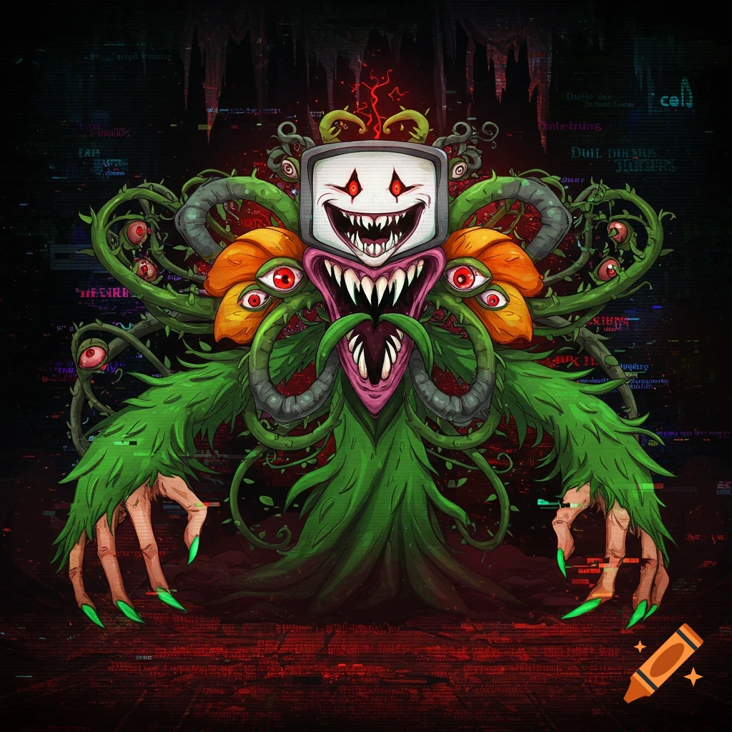 A monstrous green vine creature with a TV screen head, sharp teeth, many red eyes, and clawed hands, emerging from a glitchy dark background.