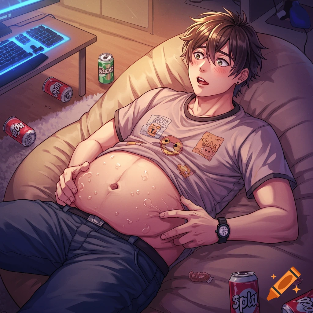An anime male with a bloated stomach rests on a beanbag, surrounded by soda cans and a computer keyboard in a dimly lit room.