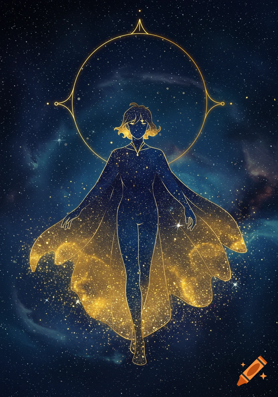 A stylized celestial figure with a golden cape and halo, composed of stars, against a deep blue starry night sky.