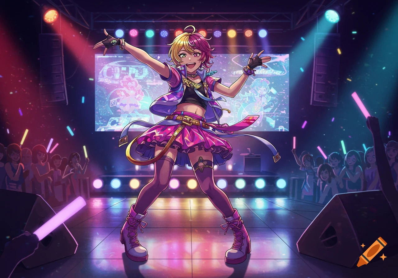 Anime character with split blonde and pink hair performing on a vibrant concert stage, illuminated by colorful lights.