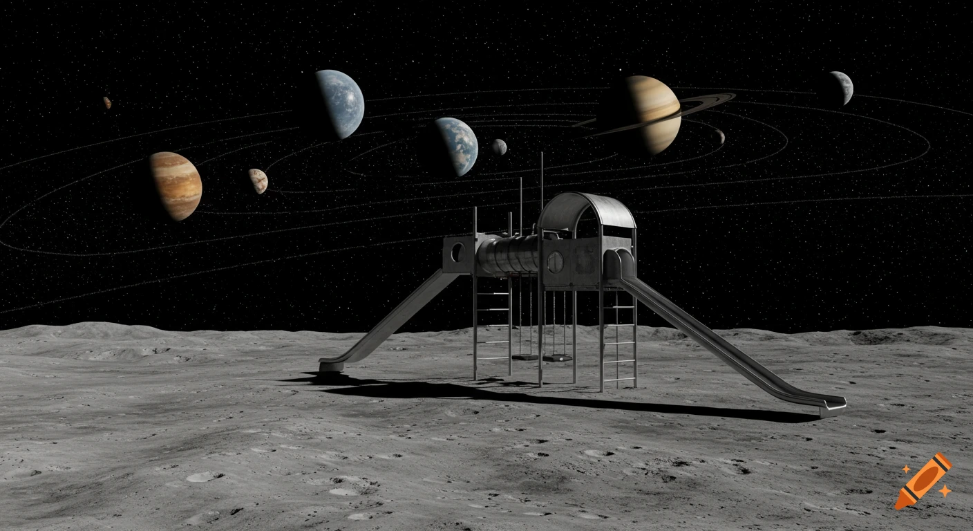 A realistic playground on a cratered moon surface under a starry sky with distant planets and rings.