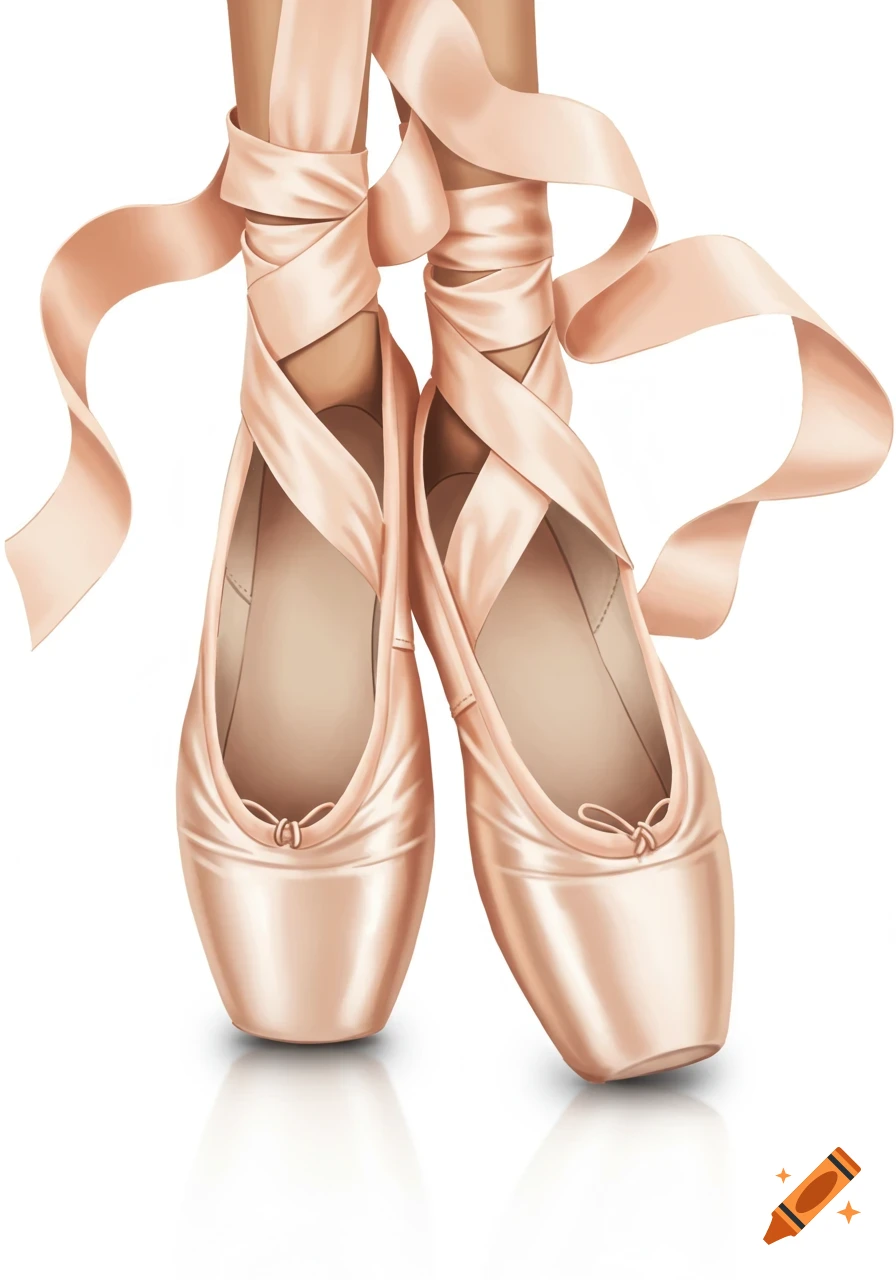 A pair of light pink ballet pointe shoes with ribbons tied around the ankles, standing on a reflective white surface.