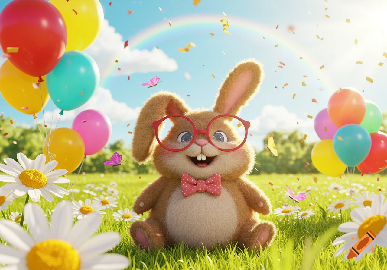 A fluffy brown cartoon bunny wearing red glasses and a bow tie sits in a field of daisies, surrounded by balloons, confetti, butterflies, and a rainbow.