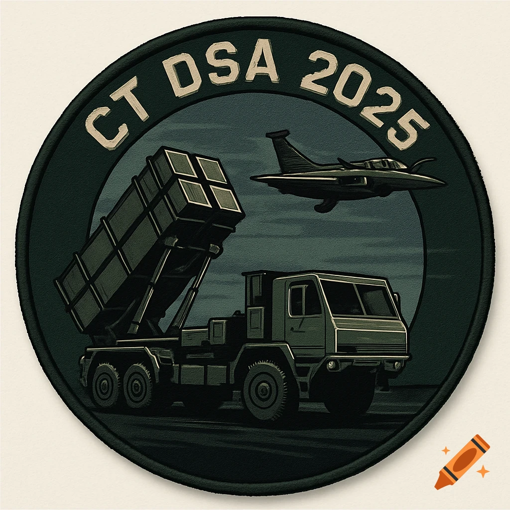 A circular military patch with a missile launcher truck, a fighter jet, and 'CT DSA 2025' text in green, grey, and black.
