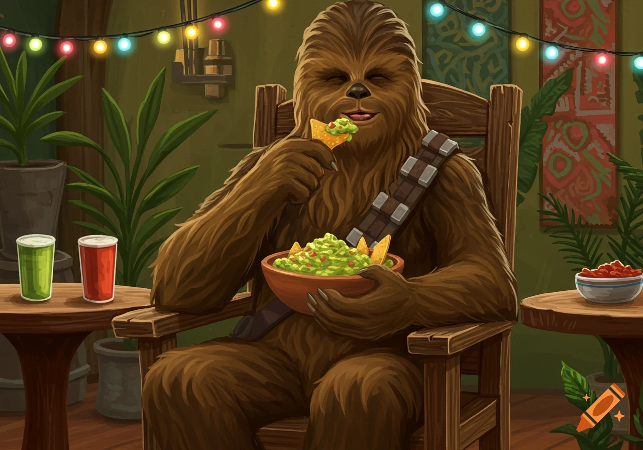 An illustration of Chewbacca happily eating guacamole with a chip, holding a bowl of dip, sitting in a chair indoors under festive string lights.