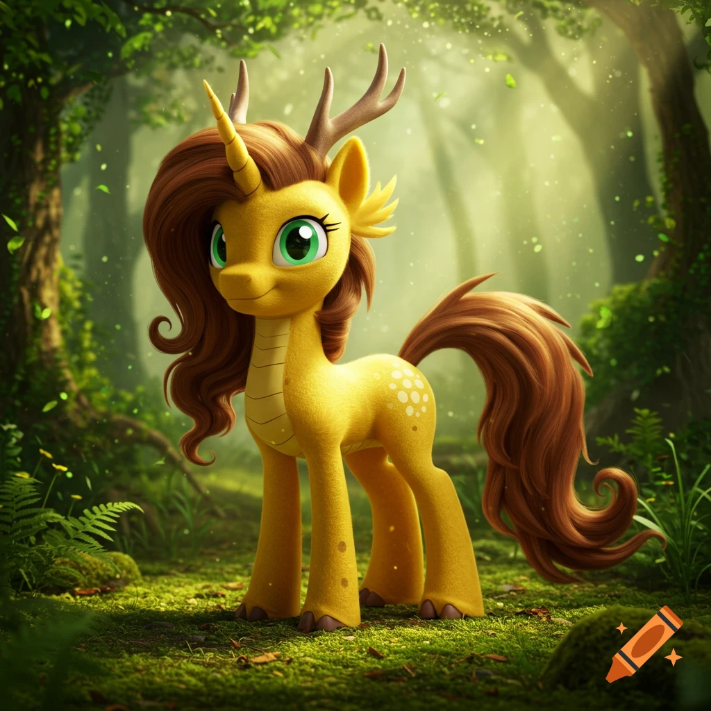 A yellow dragon-pony hybrid with green eyes, brown mane, unicorn horn, and antlers stands in a sun-dappled forest.