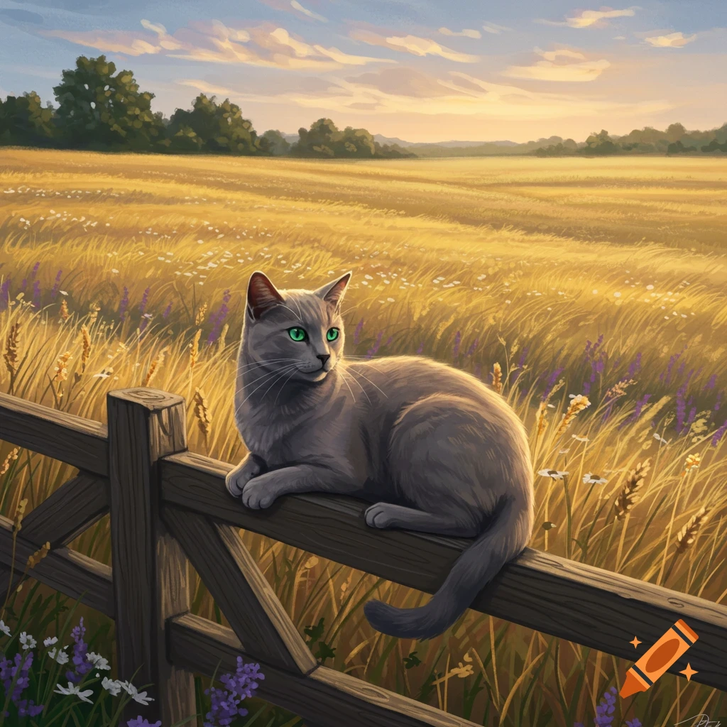 A grey cat with bright green eyes rests on a wooden fence overlooking a golden field with wildflowers under a pastel sunset sky.