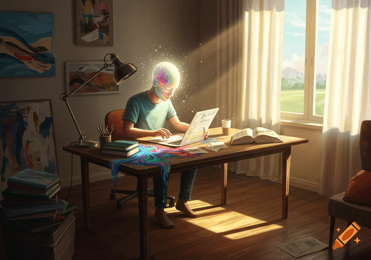 A person with a glowing, colorful head works on a laptop at a sunlit wooden desk, with vibrant liquid art spilling from the computer. Books and papers are scattered around.