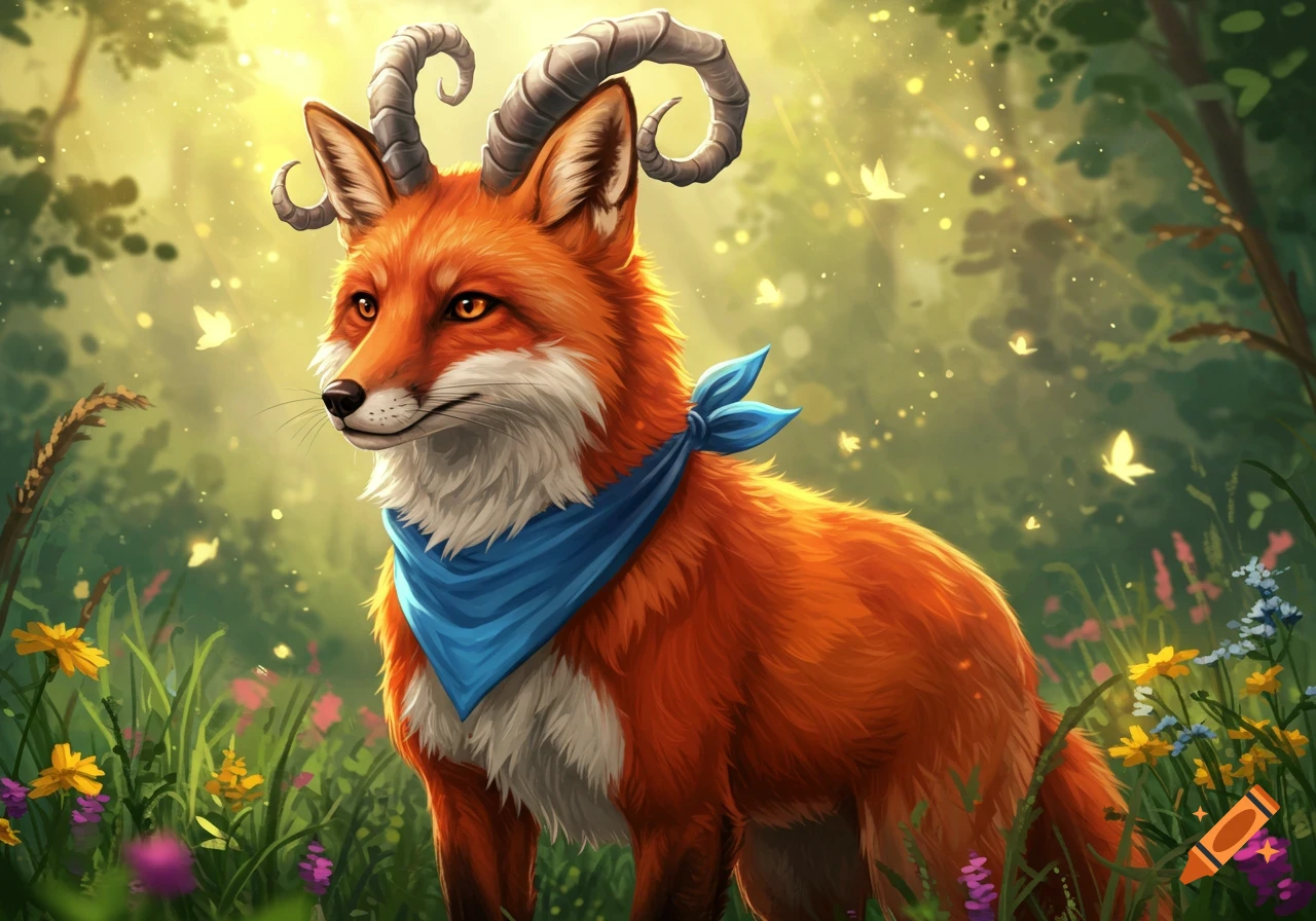 An anime-style red fox with grey horns and a blue bandana stands in a sunlit, flower-filled forest with butterflies.