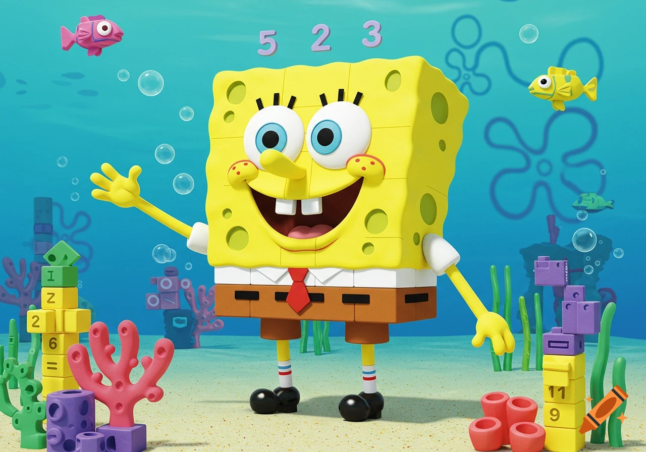 SpongeBob SquarePants made of yellow blocks, standing on a sandy seafloor surrounded by colorful block structures with numbers and letters, seaweed, coral, and floating fish, in a bright underwater scene.