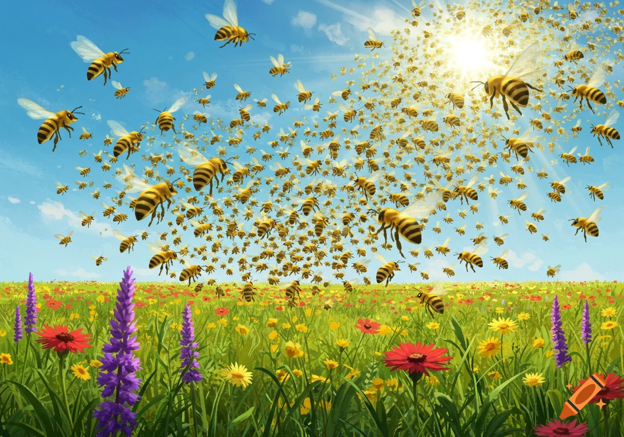 A vibrant illustration shows a massive swarm of bees flying from a bright sun over a field of colorful wildflowers.
