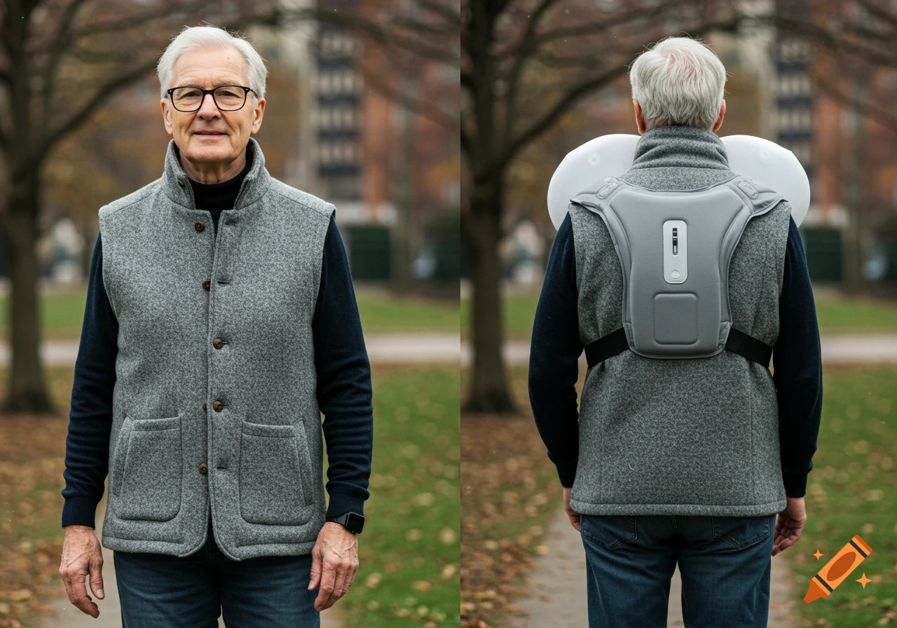 A split image shows an older man in a grey wool vest from the front and back. The back view features a grey device with white inflated sections around the shoulders.