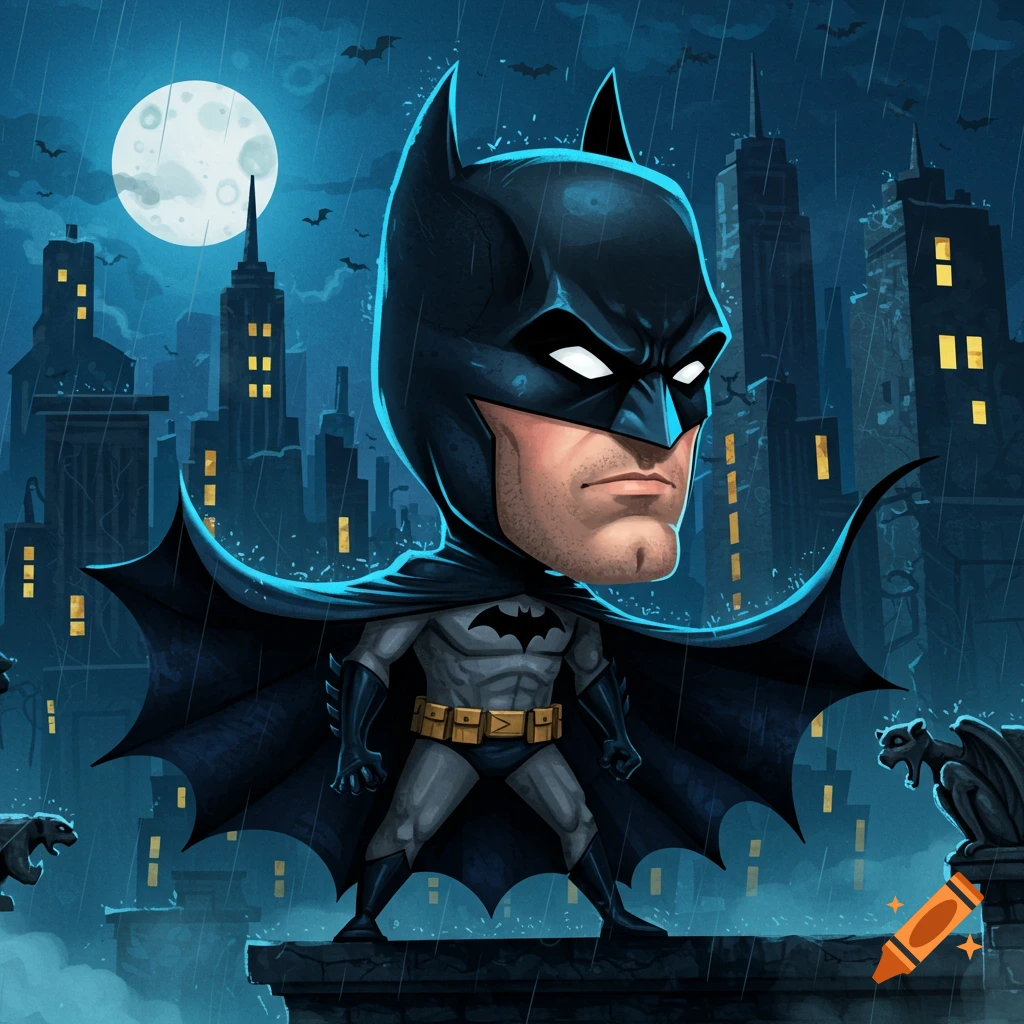 Cartoon caricature of Batman with a large head standing on a rainy Gotham city rooftop at night.